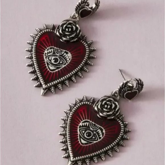 🔮 2 for $40 🔮 Mystic Gothic Rose Sacred Heart Eye Dangle Earrings - Picture 2 of 7